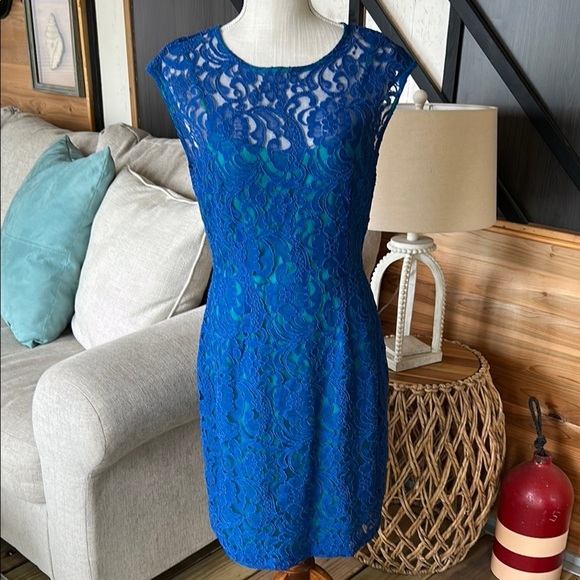 BLACK by Saks Fifth Avenue Lace Sheath Dress – Size 10
 Blue Lace Dress - Picture 1 of 10